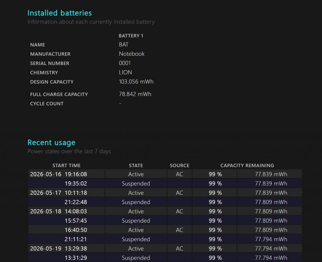 battery-report-installed batteries-recent usage
