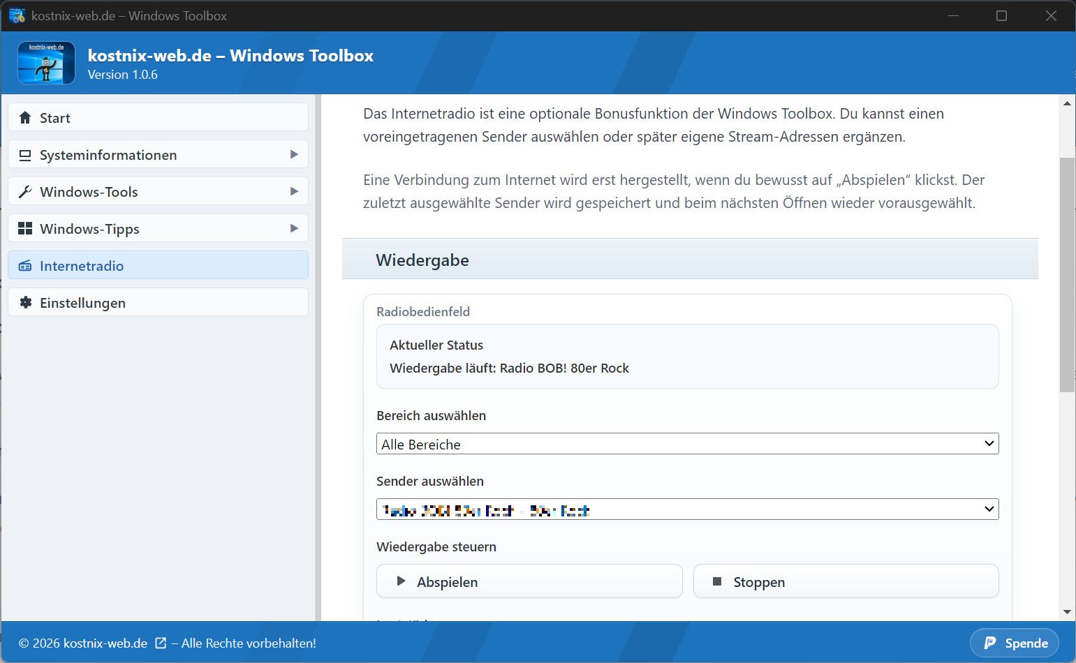 kostnix-web.de - Windows Toolbox Radiofunktion