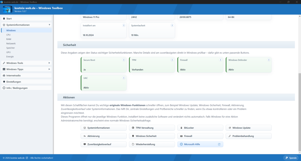 kostnix-web.de - Windows Toolbox - Windows Informationen