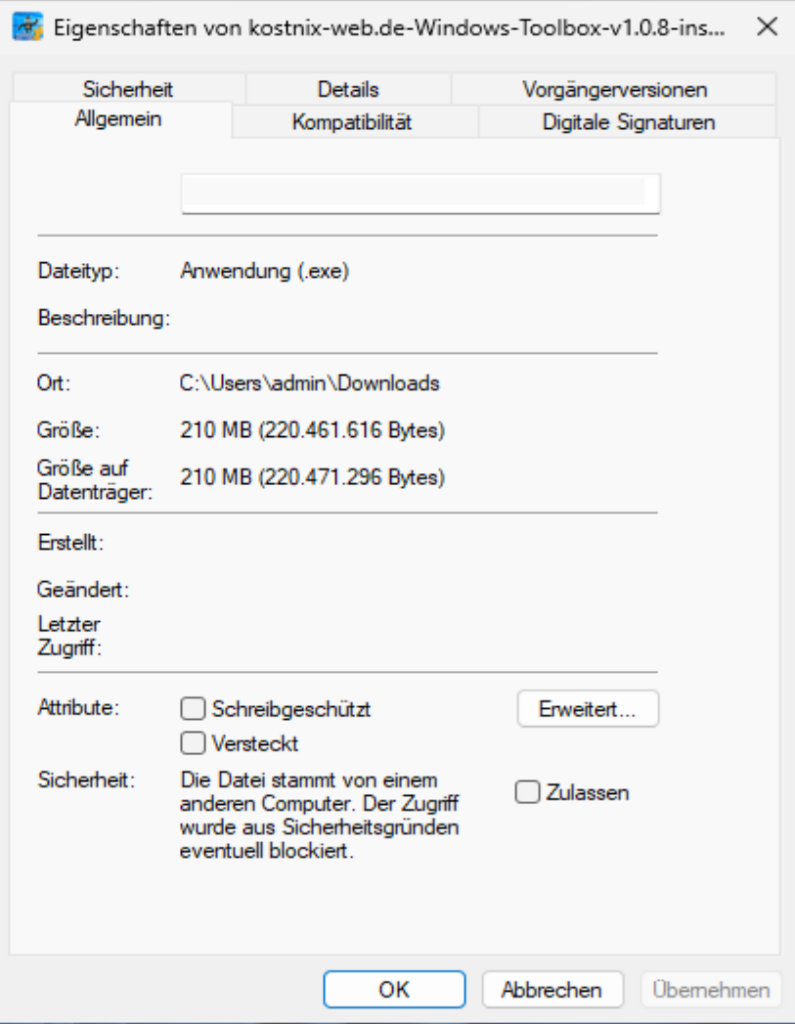 Dateieigenschaften: Sicherheits-Hinweis und „Zulassen“
