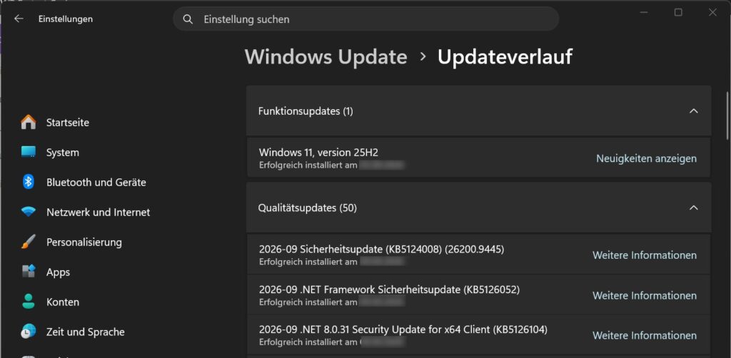 Windows 11 Updateverlauf mit installiertem Sicherheitsupdate KB5124008