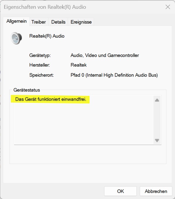 Eigenschaften eines Audiogeräts im Windows Geräte-Manager mit dem Gerätestatus Das Gerät funktioniert einwandfrei