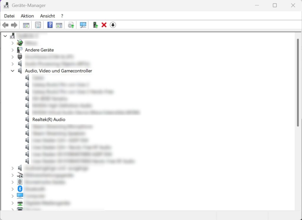 Windows 11 Geräte-Manager mit geöffnetem Bereich Audio, Video und Gamecontroller
