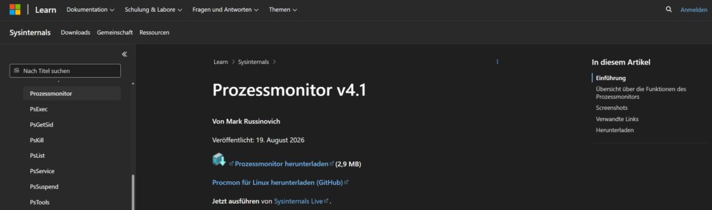 Process Monitor bei Microsoft Sysinternals