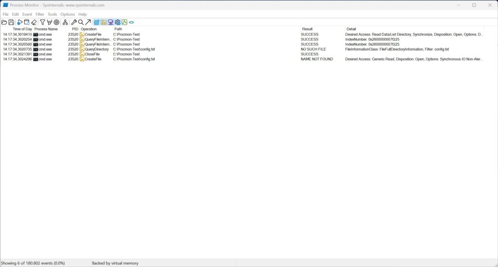 Process Monitor Filterdialog Prozess cmd fehlende Datei mit Filter Path