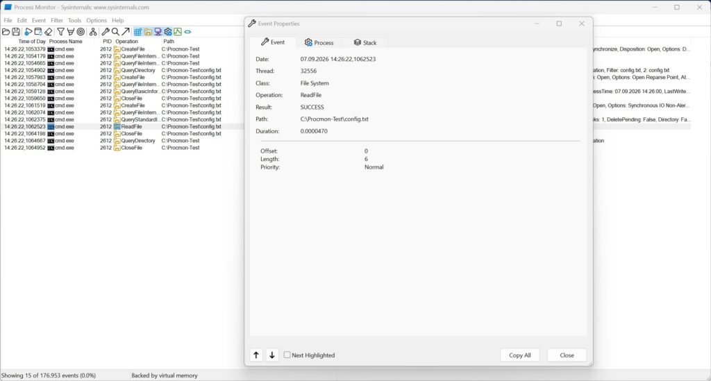 Process Monitor Filterdialog Prozess cmd vorhandene Datei Eigenschaften