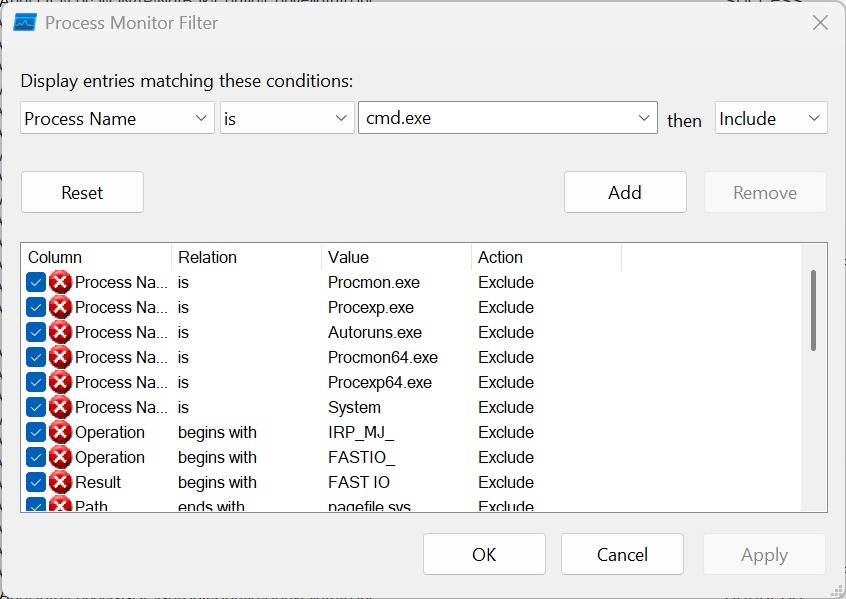 Process Monitor Filterdialog Prozess cmd