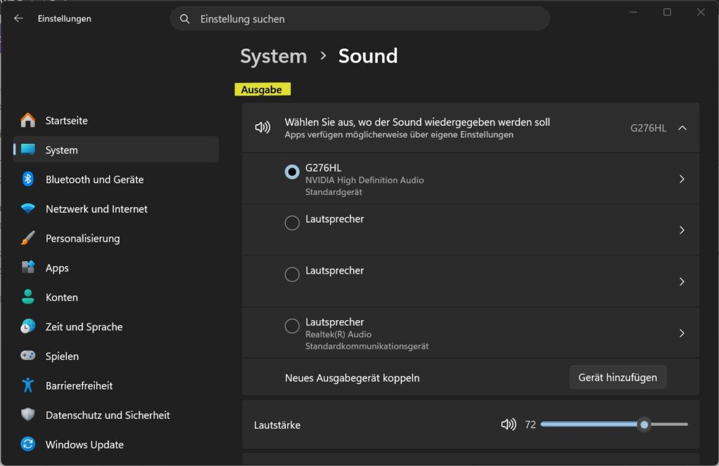 Windows 11 Soundeinstellungen mit Auswahl des Ausgabegeräts