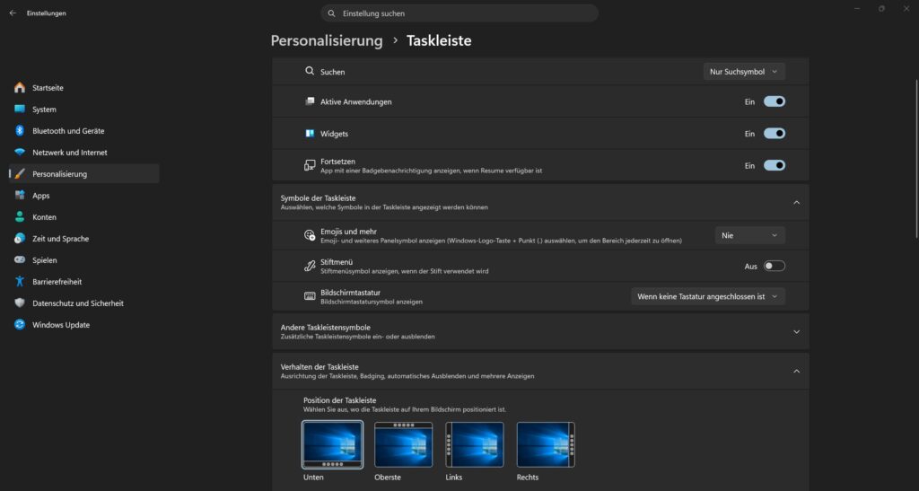 Windows 11 26H2 Taskleiste mit Position unten oben links oder rechts
