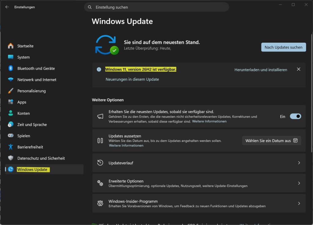 Windows 11 26H2 in Windows Update herunterladen und installieren
