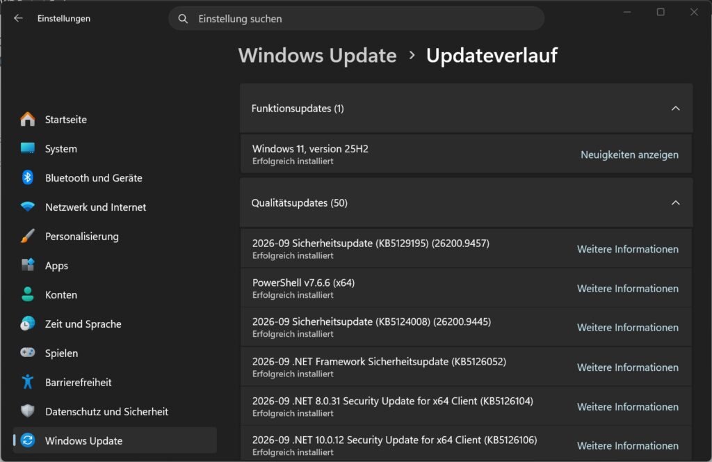 Windows 11 Updateverlauf mit installierten Updates und KB-Nummern