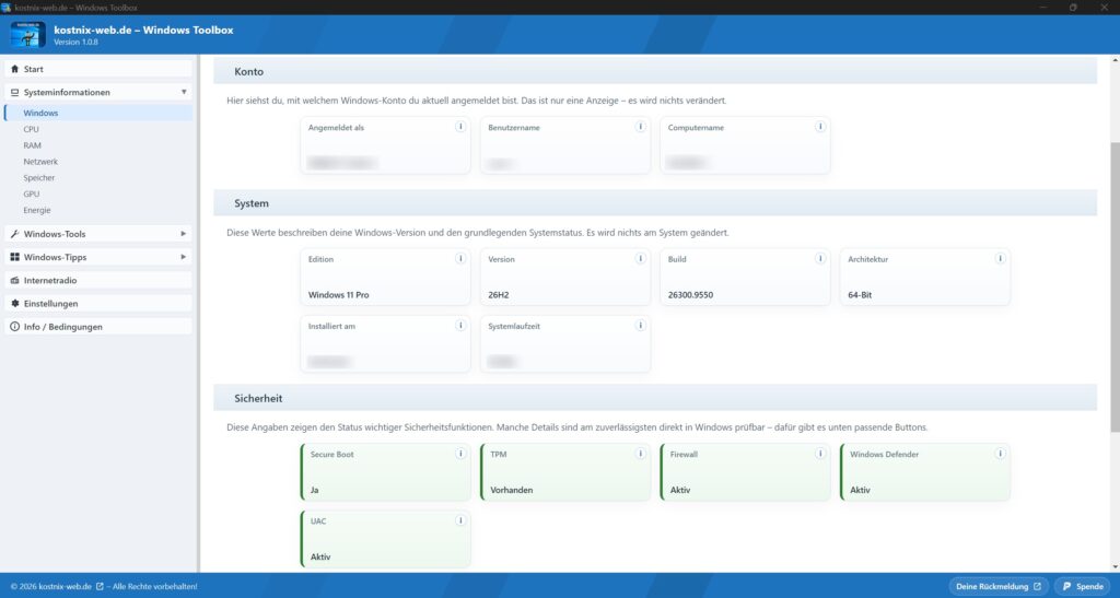 Windows 11 Version 26H2 und Systeminformationen in der kostnix-web.de Windows Toolbox