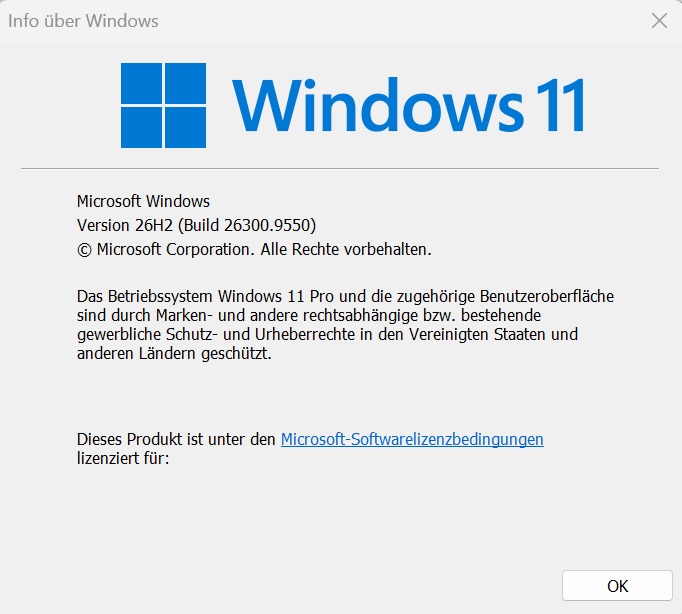 Windows 11 Version 26H2 und Buildnummer mit winver anzeigen