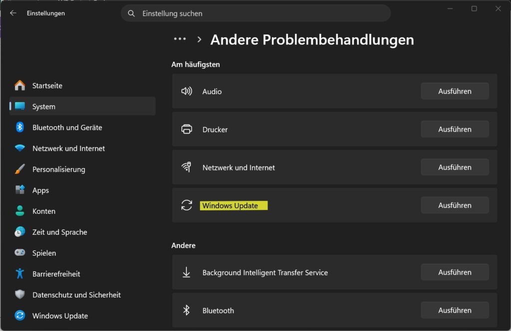 Windows 11 Problembehandlung mit dem Eintrag Windows Update und der Schaltfläche Ausführen