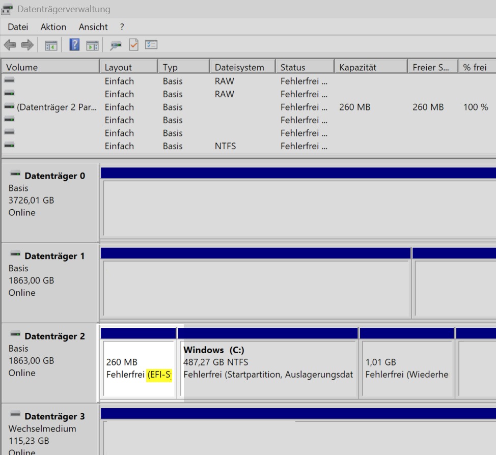 Windows-Datenträgerverwaltung mit 260 MB großer EFI-Systempartition vor Windows C