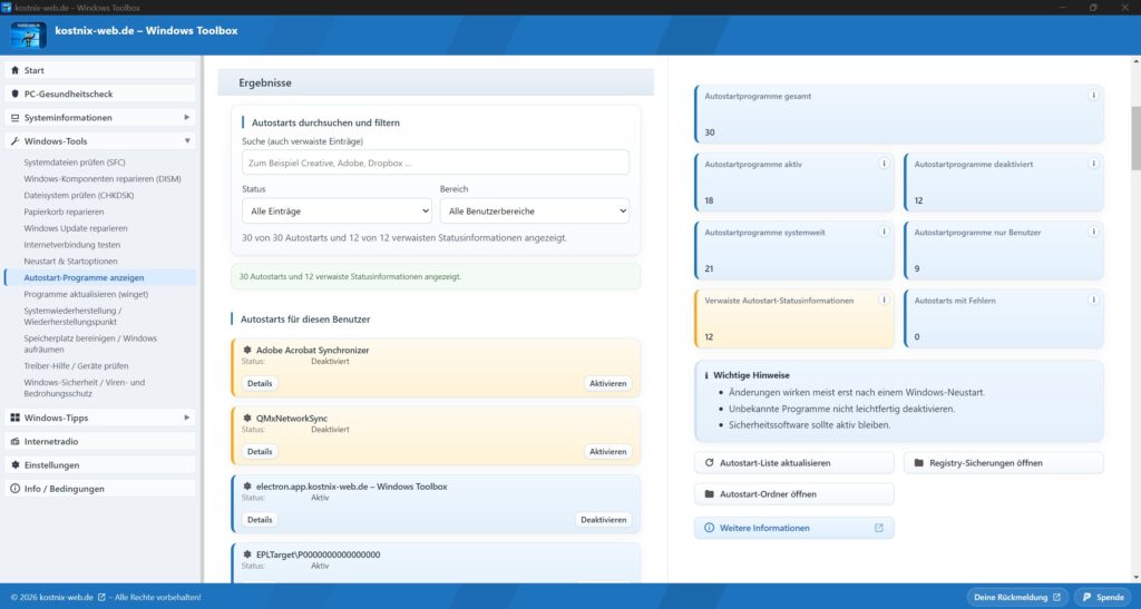 Windows Toolbox zeigt Autostart-Programme, Filter und eine Übersicht der erkannten Einträge