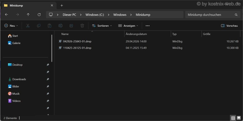 Windows 11 Explorer mit zwei DMP-Absturzdateien im Ordner C:\Windows\Minidump