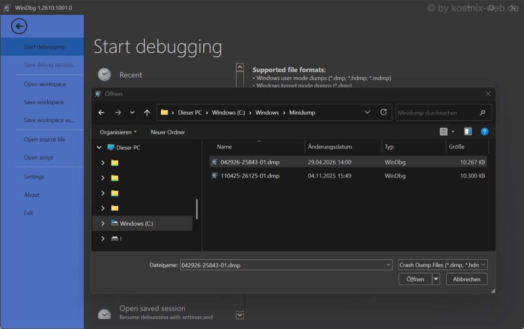 Microsoft WinDbg mit geöffnetem Dateiauswahldialog und ausgewählter DMP-Datei im Windows-Minidump-Ordner
