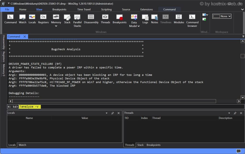 WinDbg analysiert eine DMP-Datei mit dem Befehl !analyze -v und zeigt den Bluescreen-Fehler DRIVER_POWER_STATE_FAILURE (9f)