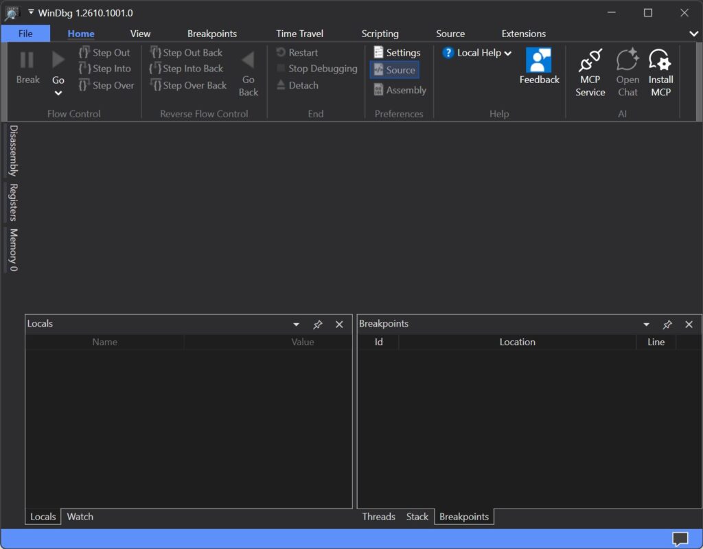 Startoberfläche von Microsoft WinDbg mit Menüleiste zur Analyse von DMP-Absturzdateien unter Windows