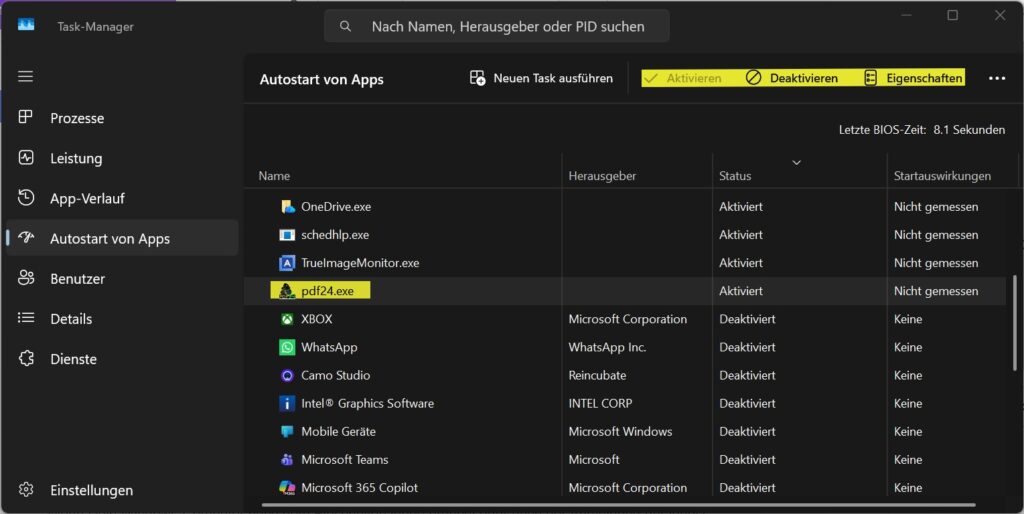 Windows 11: Autostart-Programm im Task-Manager auswählen und deaktivieren