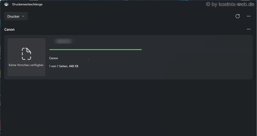 Windows 11 Druckwarteschlange mit einem ausstehenden Druckauftrag und den Menüschaltflächen