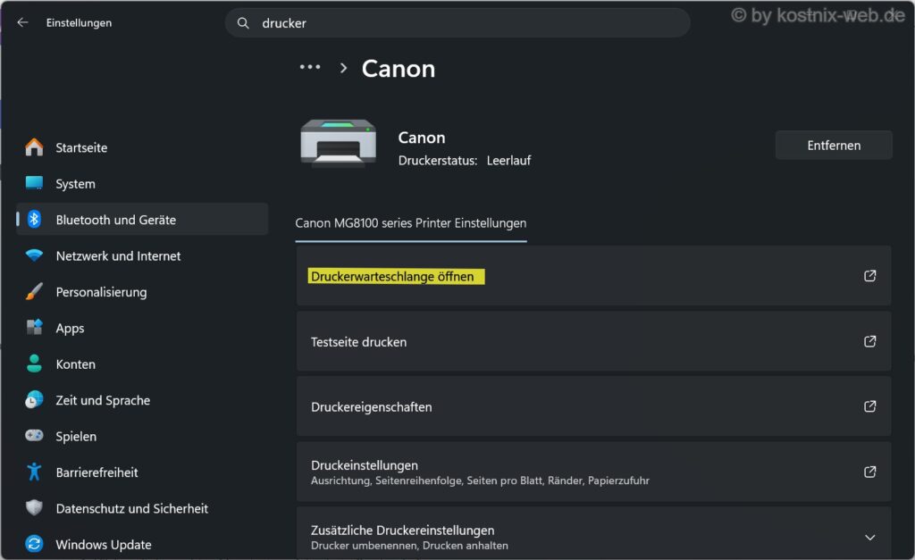 Windows 11 Druckereinstellungen mit der Schaltfläche Druckwarteschlange öffnen