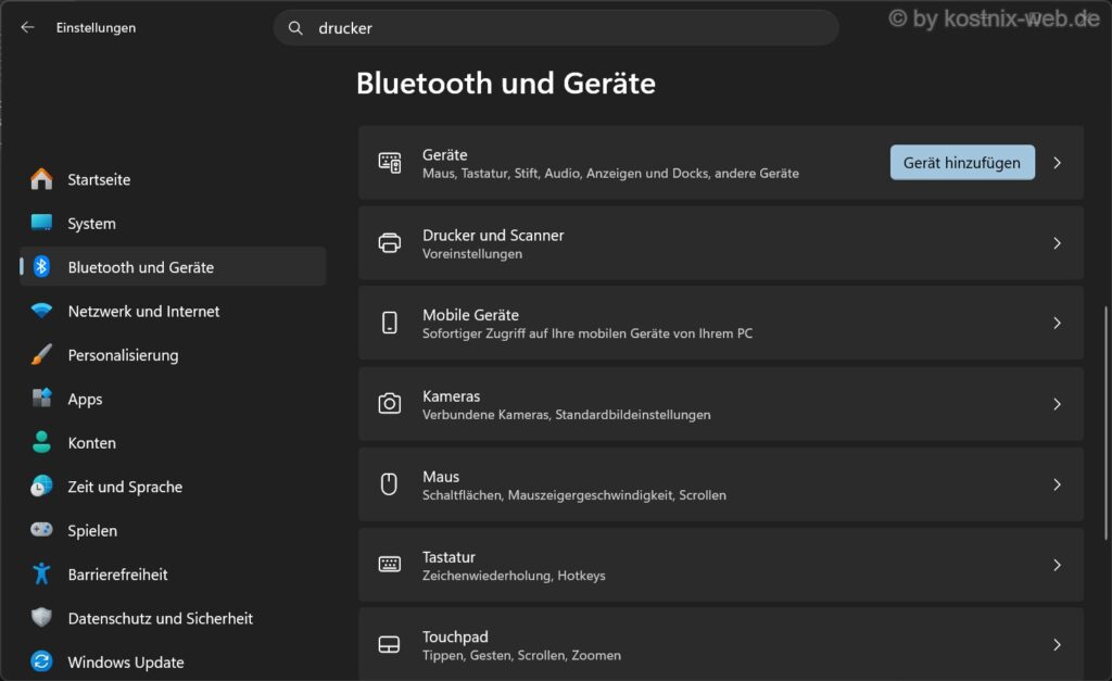 Windows 11 Einstellungen unter Bluetooth und Geräte mit dem Menüpunkt Drucker und Scanner