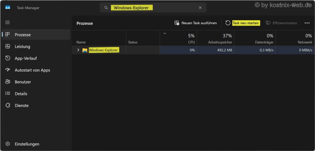 Windows-11-Task-Manager mit ausgewähltem Windows-Explorer und hervorgehobener Schaltfläche Task neu starten
