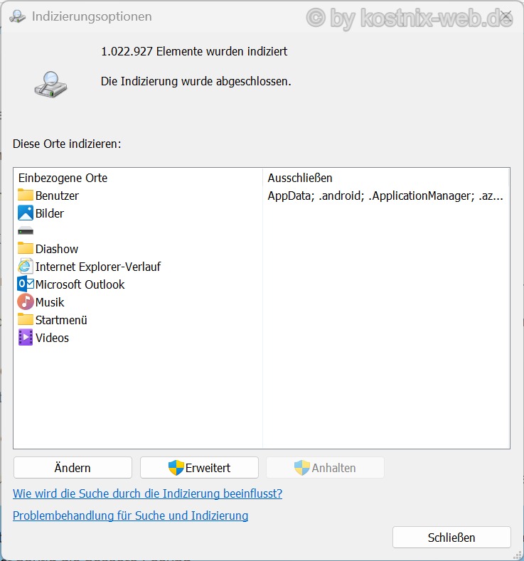 Windows-11-Indizierungsoptionen mit indizierten Speicherorten und Schaltflächen Ändern und Erweitert