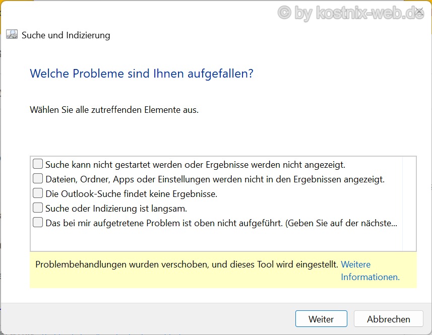 Windows-11-Problembehandlung mit Auswahlmöglichkeiten für Fehler bei der Suche und Indizierung