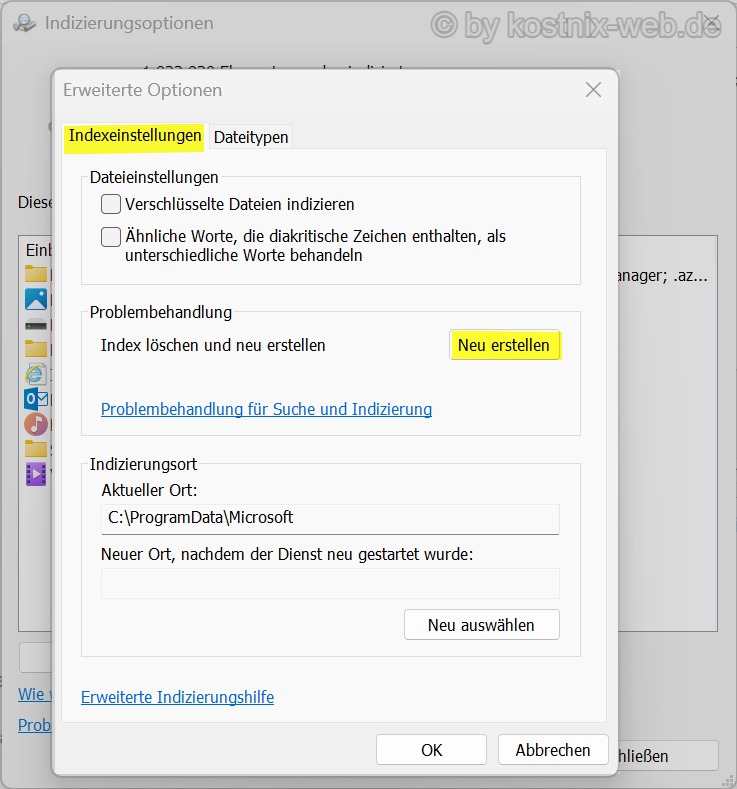 Erweiterte Indizierungsoptionen unter Windows 11 mit Schaltfläche Neu erstellen zum Neuaufbau des Suchindex