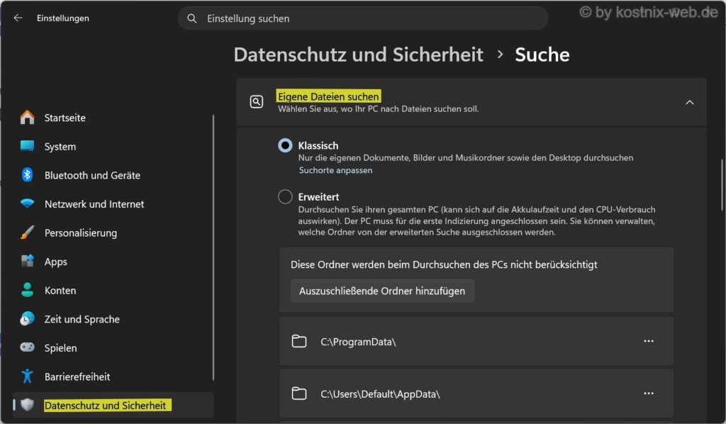 Windows-11-Sucheinstellungen mit den Suchmodi Klassisch und Erweitert sowie ausgeschlossenen Ordnern