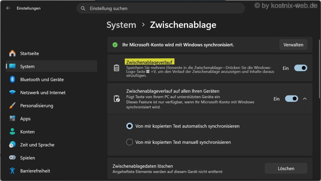 Windows-11-Einstellungen mit aktiviertem Zwischenablageverlauf