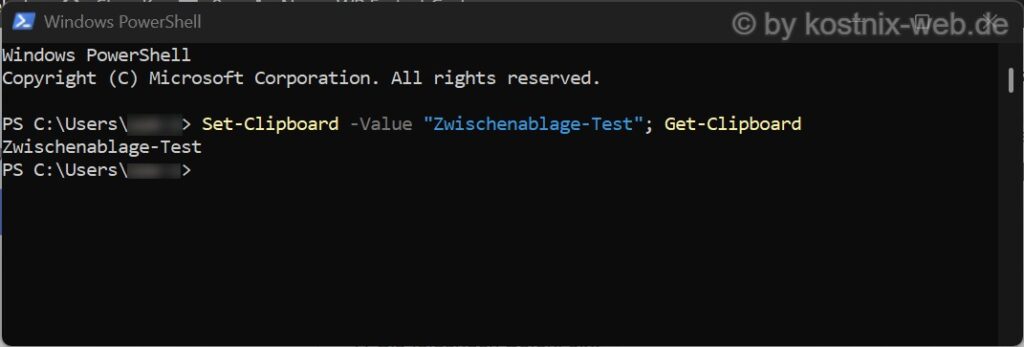 Windows PowerShell mit den Befehlen Set-Clipboard und Get-Clipboard sowie der erfolgreichen Ausgabe Zwischenablage-Test