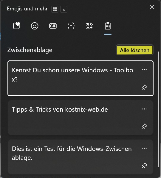 Windows-11-Zwischenablageverlauf mit mehreren Texteinträgen und hervorgehobener Schaltfläche Alle löschen