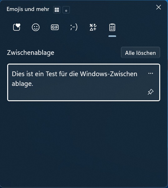 Geöffneter Zwischenablageverlauf unter Windows 11 mit kopiertem Testtext