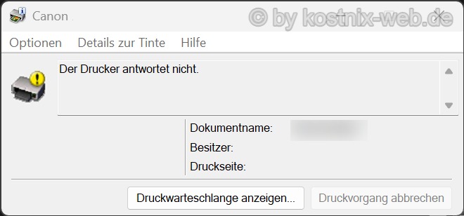 Windows-Druckbenachrichtigung meldet, dass ein Dokument wegen eines Druckerfehlers nicht gedruckt werden konnte