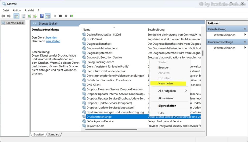 Windows-Diensteverwaltung mit ausgewähltem Dienst Druckwarteschlange und gelb markierter Option Neu starten