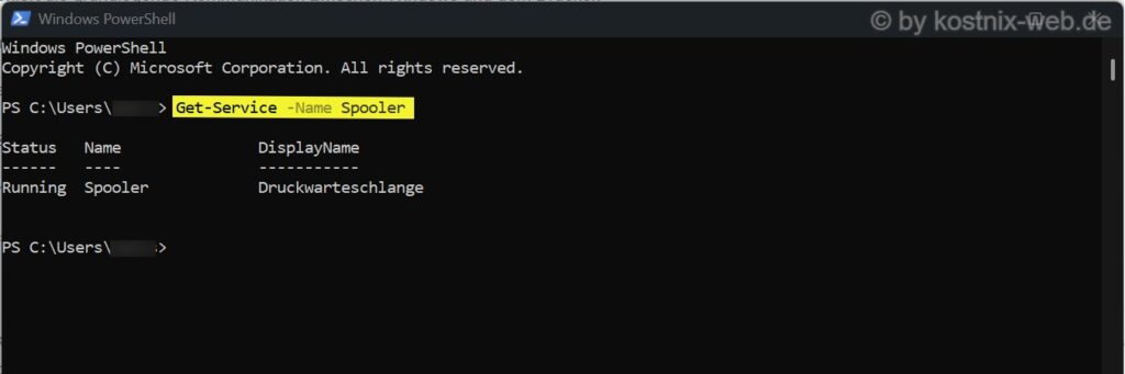 PowerShell zeigt nach dem Befehl Get-Service -Name Spooler den Status Running für die Windows-Druckwarteschlange