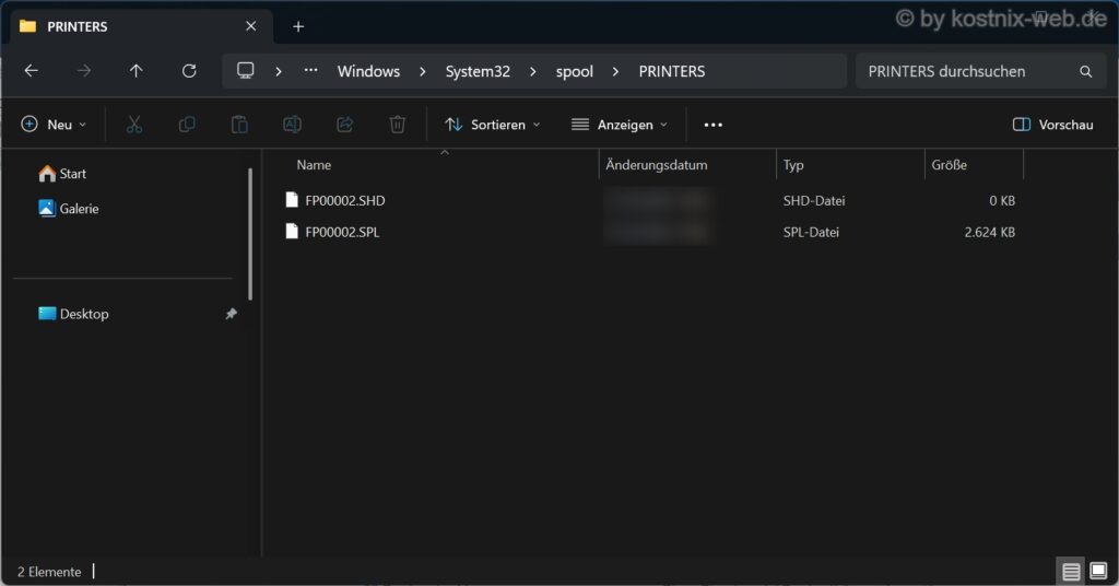 Windows 11 Datei-Explorer mit geöffnetem PRINTERS-Ordner und den Druckdateien SHD und SPL