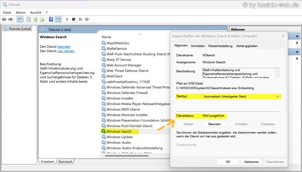 Windows Search in der Diensteverwaltung mit Starttyp Automatisch (Verzögerter Start) und Status Wird ausgeführt