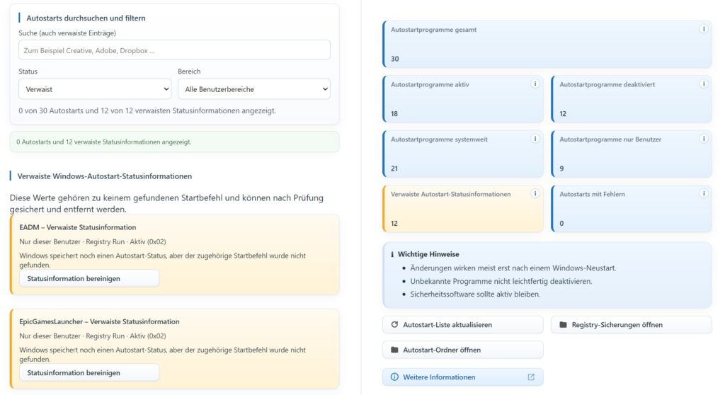 Windows Toolbox zeigt verwaiste Autostart-Statusinformationen und die Möglichkeit zur Bereinigung